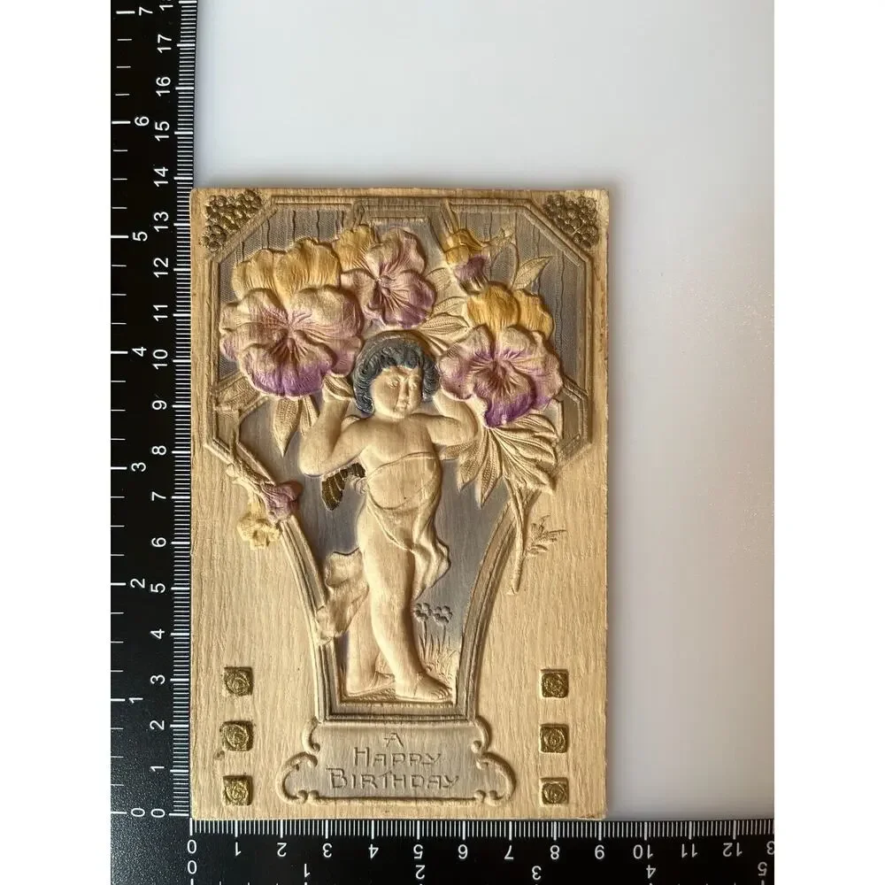 Antique Early 1900s Ephemera Postcard Bas Relief Statue Violets Birthday Wishes